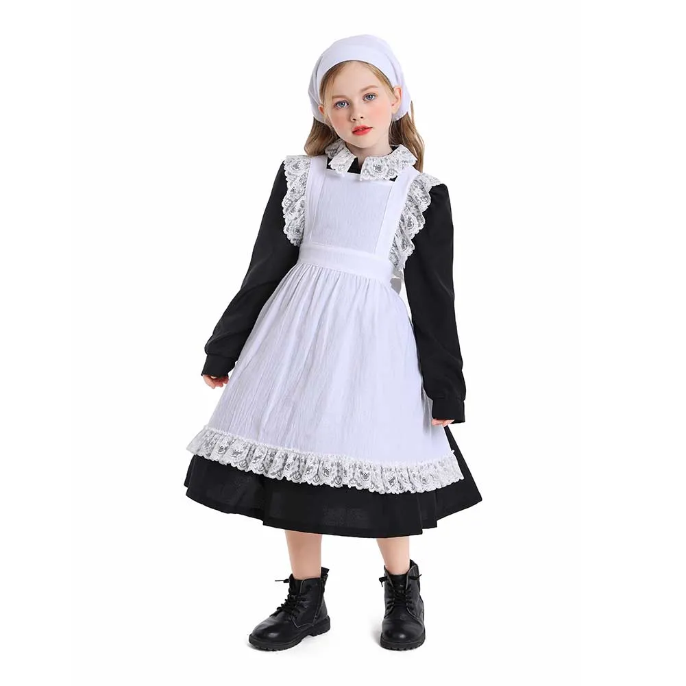 Childrenswear Kids Children Balck White Girls Thanksgiving 17th Century Rustic Maiden Dresses