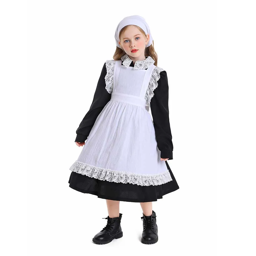 Childrenswear Kids Children Balck White Girls Thanksgiving 17th Century Rustic Maiden Dresses