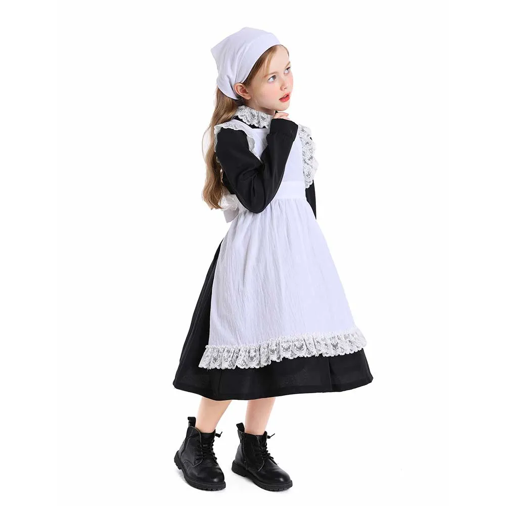 Childrenswear Kids Children Balck White Girls Thanksgiving 17th Century Rustic Maiden Dresses