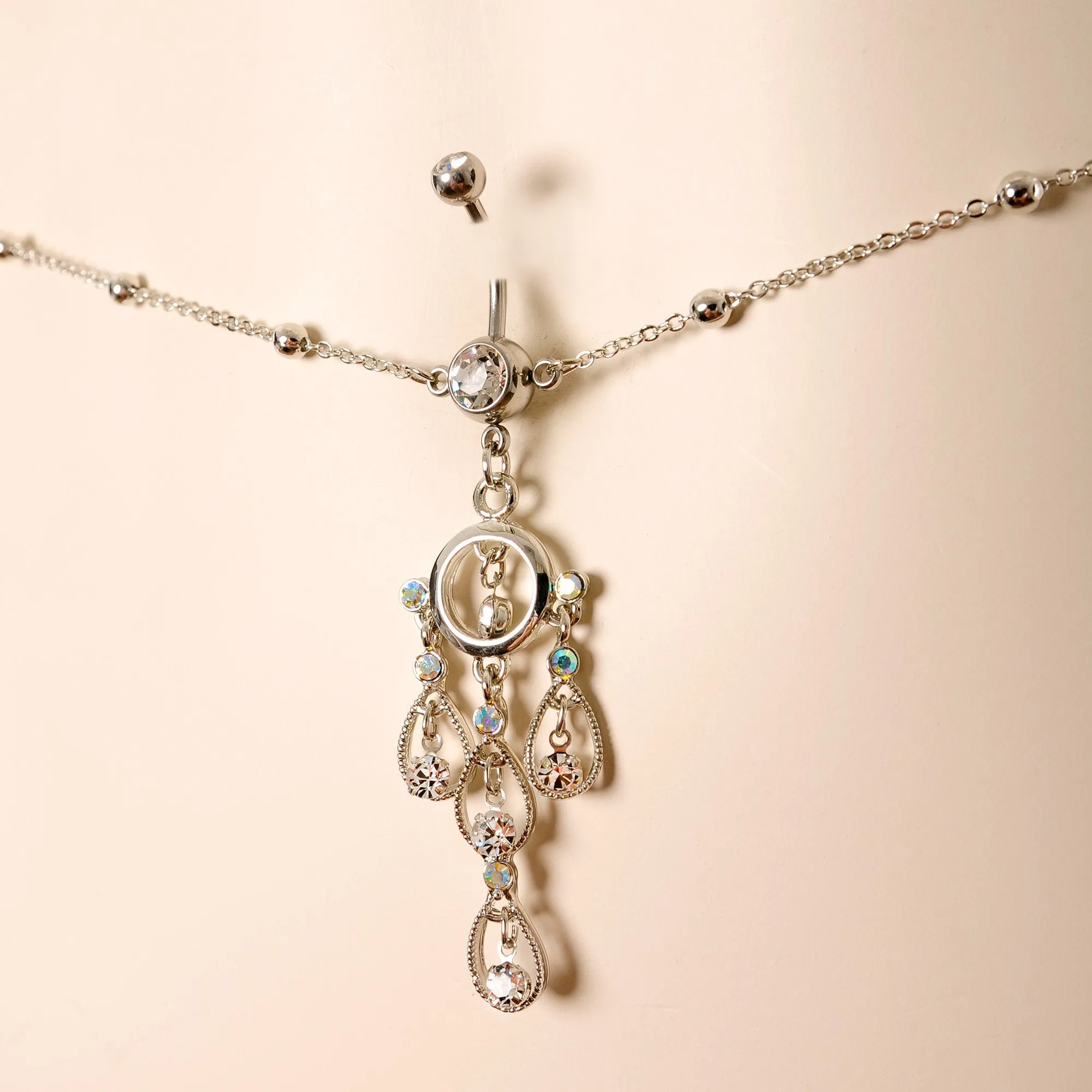 Clear Gem Dancing Queen Chandelier Dangle Belly Ring Belly Chain