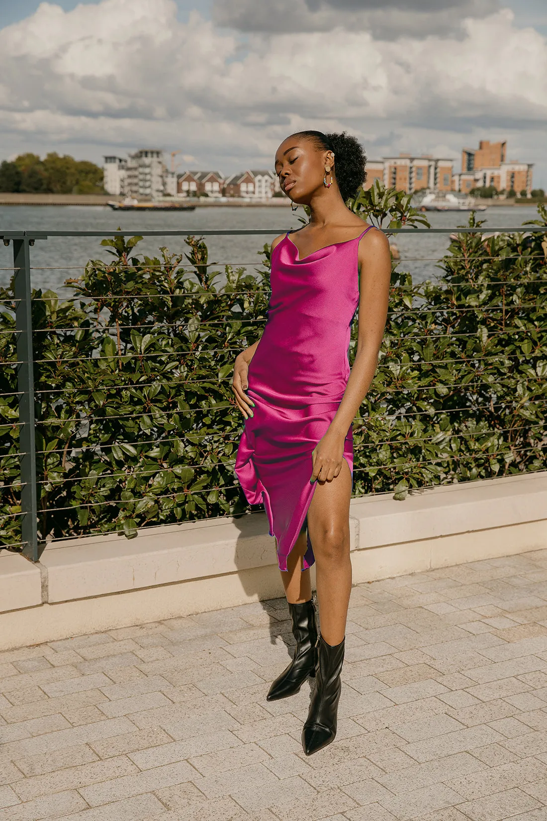 Cowl Neck Strap Slip Midi Dress with Side Slit
