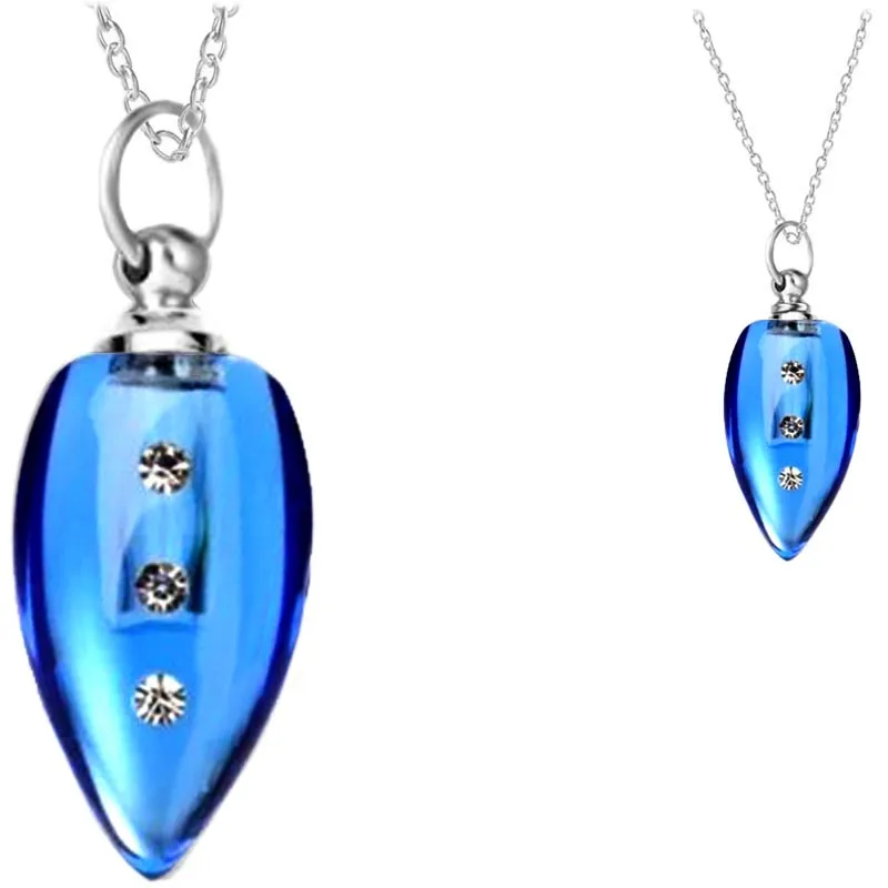Crystal glass KEEPSAKE pendant Necklace Smooth Point 3 CZs miniature bottle memories grief cremation oil herbs ashes - U PICK
