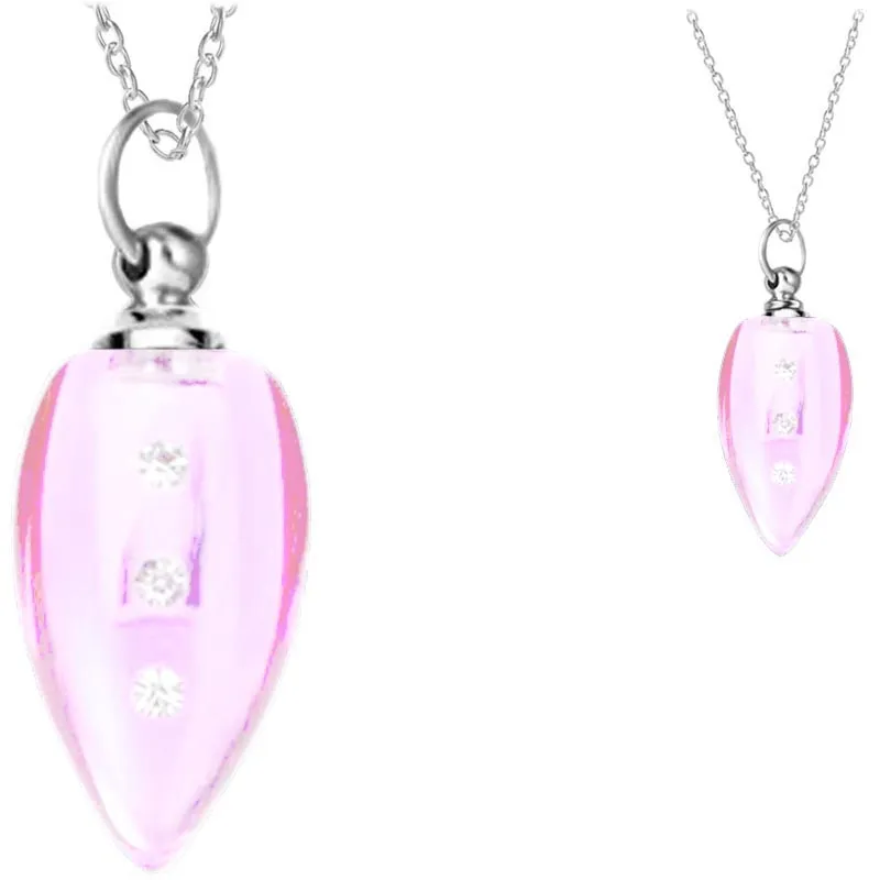 Crystal glass KEEPSAKE pendant Necklace Smooth Point 3 CZs miniature bottle memories grief cremation oil herbs ashes - U PICK