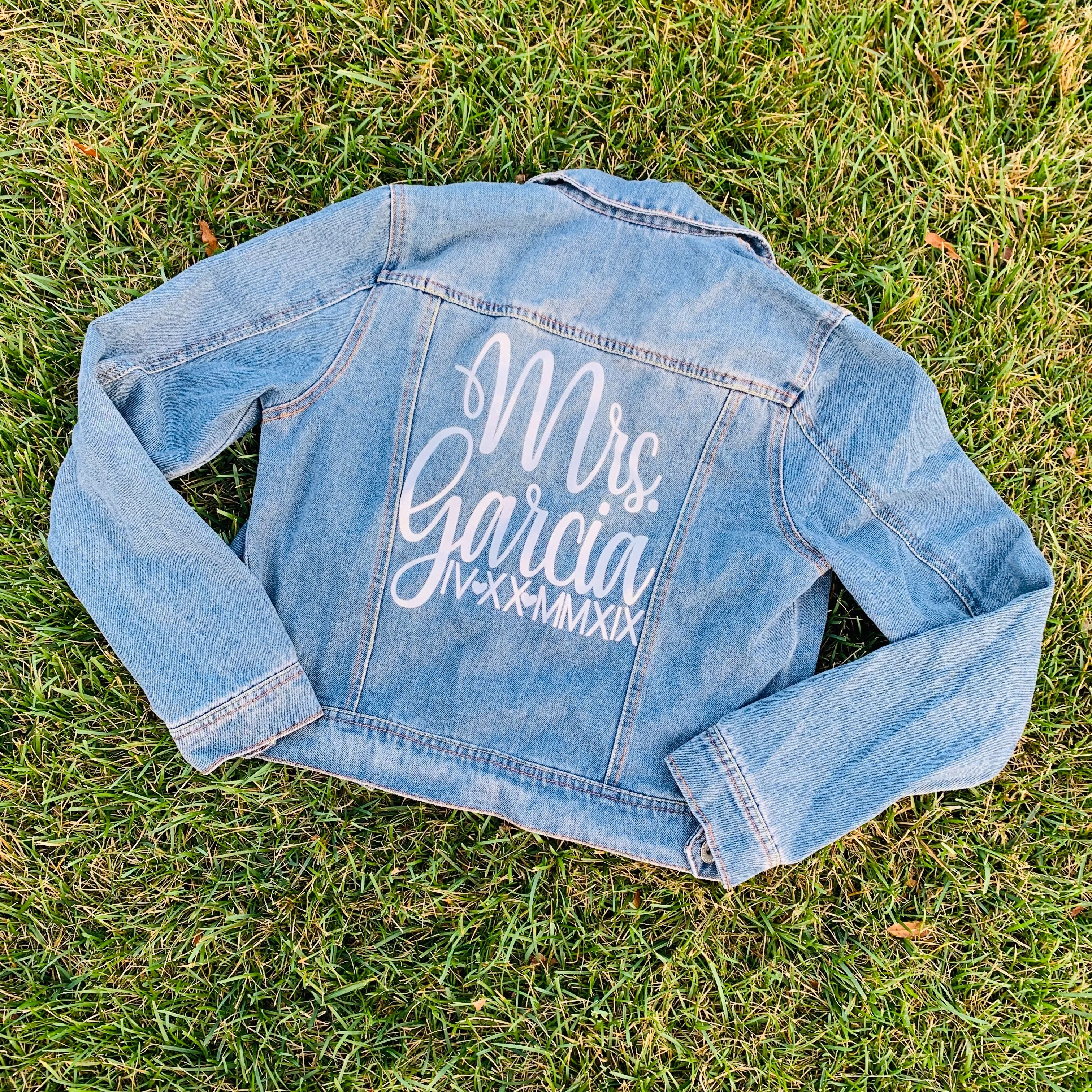 Customized Last Name and Date in Roman Numerals Jean Denim Jacket, Bride Future Mrs. Fiance Jacket