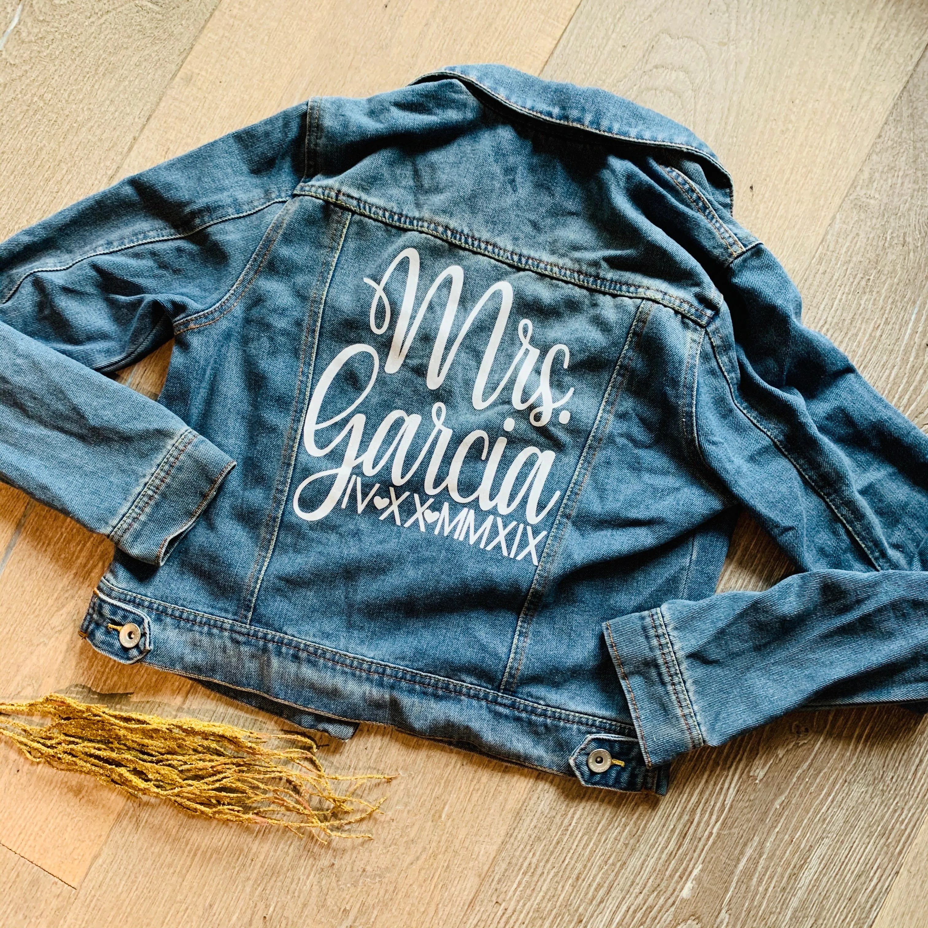 Customized Last Name and Date in Roman Numerals Jean Denim Jacket, Bride Future Mrs. Fiance Jacket