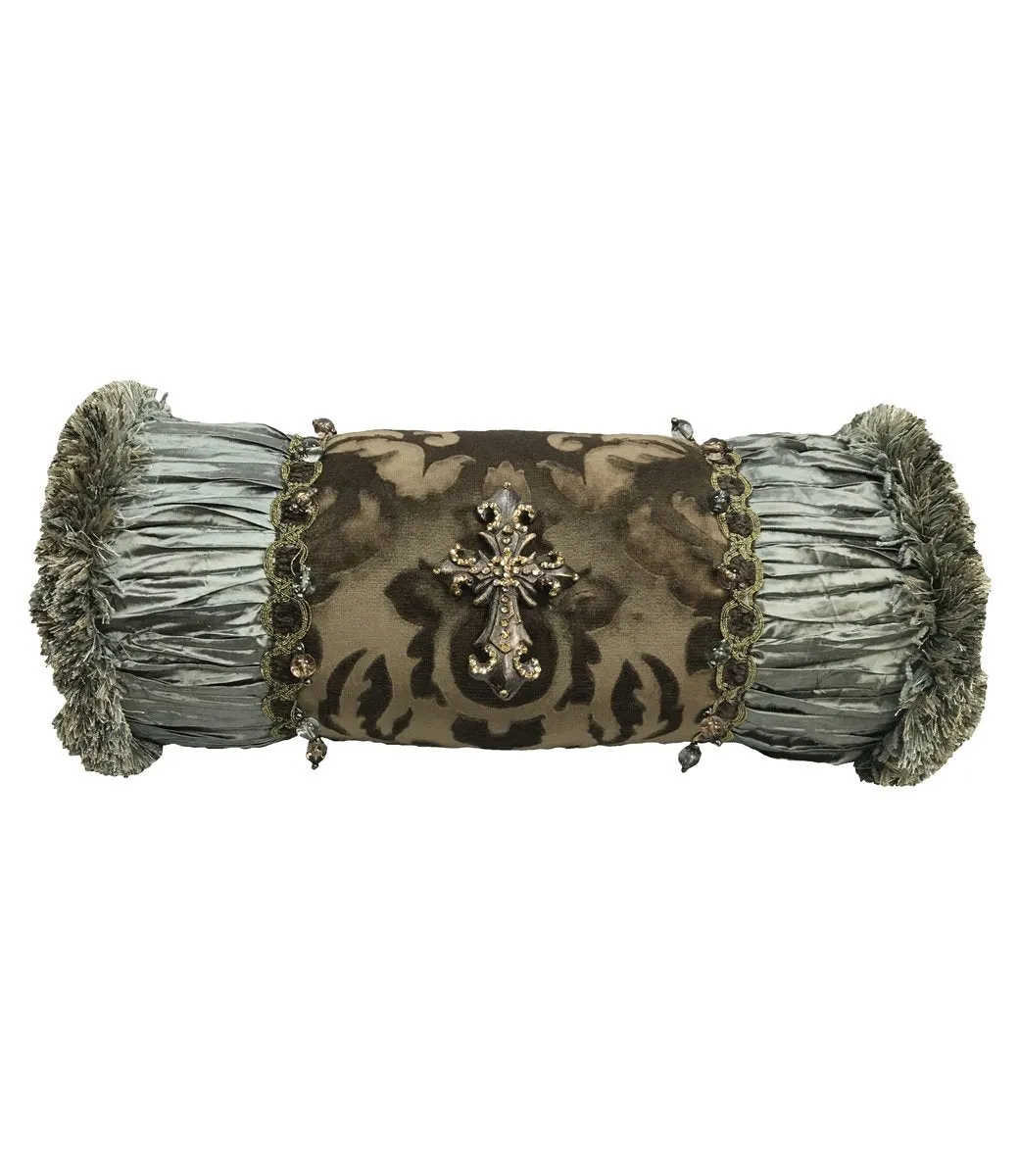 Decorative Bolster Pillow Chocolate Brown and Spa with Jeweled Cross
