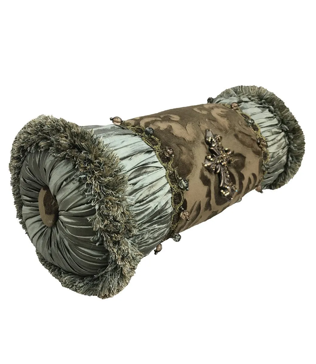 Decorative Bolster Pillow Chocolate Brown and Spa with Jeweled Cross