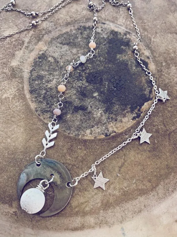 flame kissed boho crescent moon white lava bead diffuser / aromatherapy necklace
