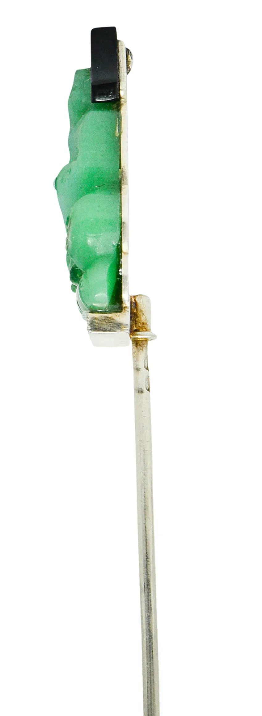 French Art Deco Jade Onyx Diamond 18 Karat White Gold Jabot Stickpin