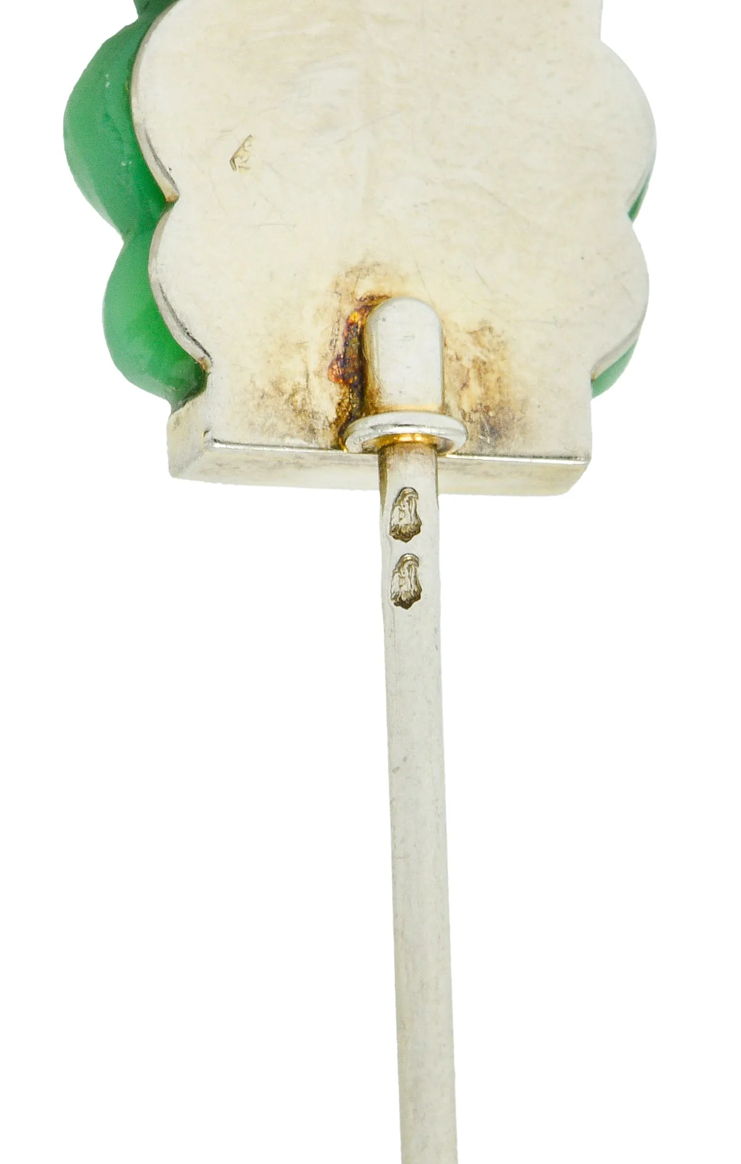 French Art Deco Jade Onyx Diamond 18 Karat White Gold Jabot Stickpin