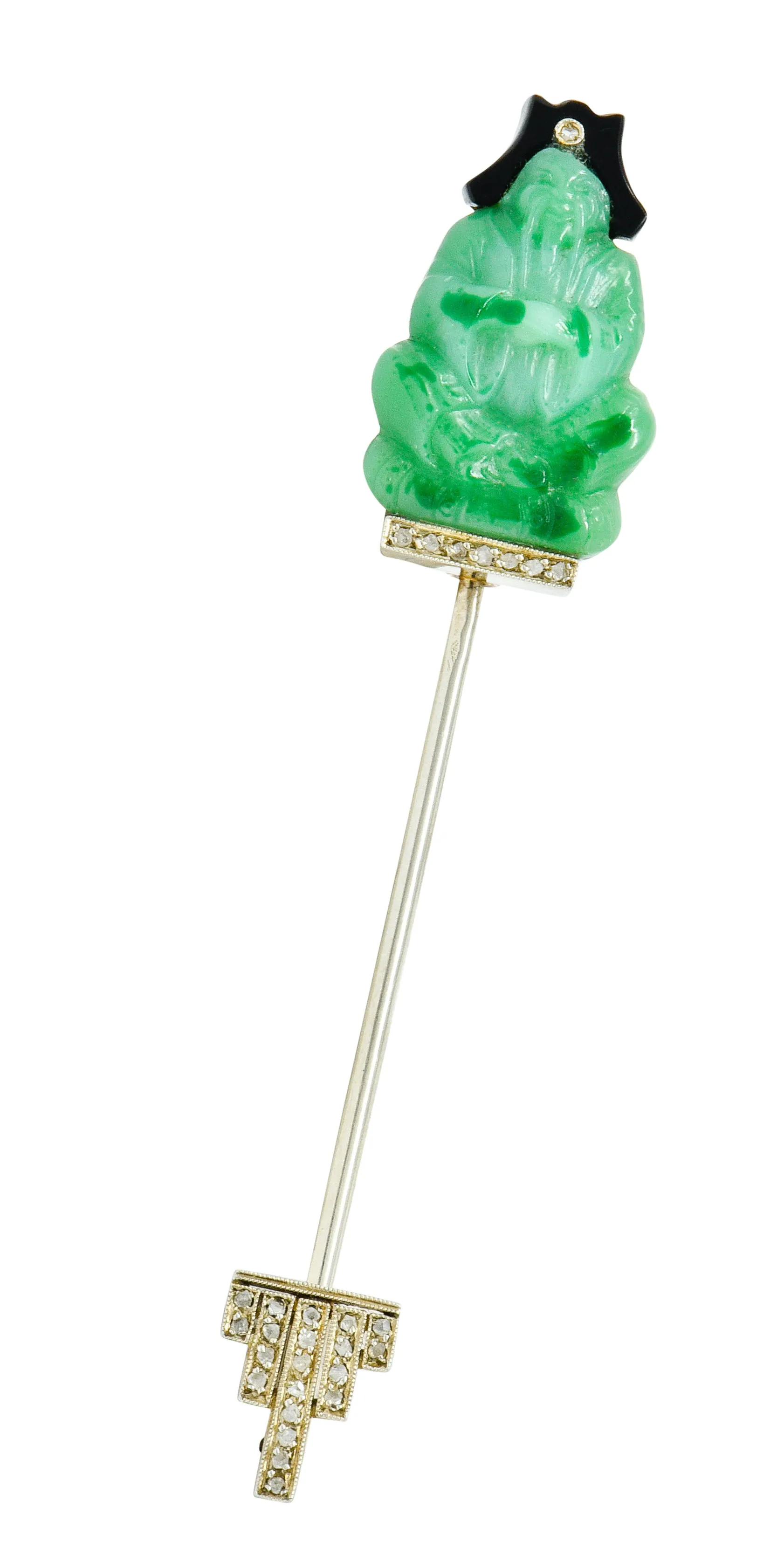 French Art Deco Jade Onyx Diamond 18 Karat White Gold Jabot Stickpin