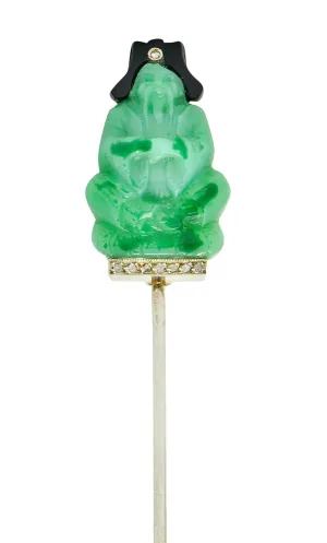 French Art Deco Jade Onyx Diamond 18 Karat White Gold Jabot Stickpin