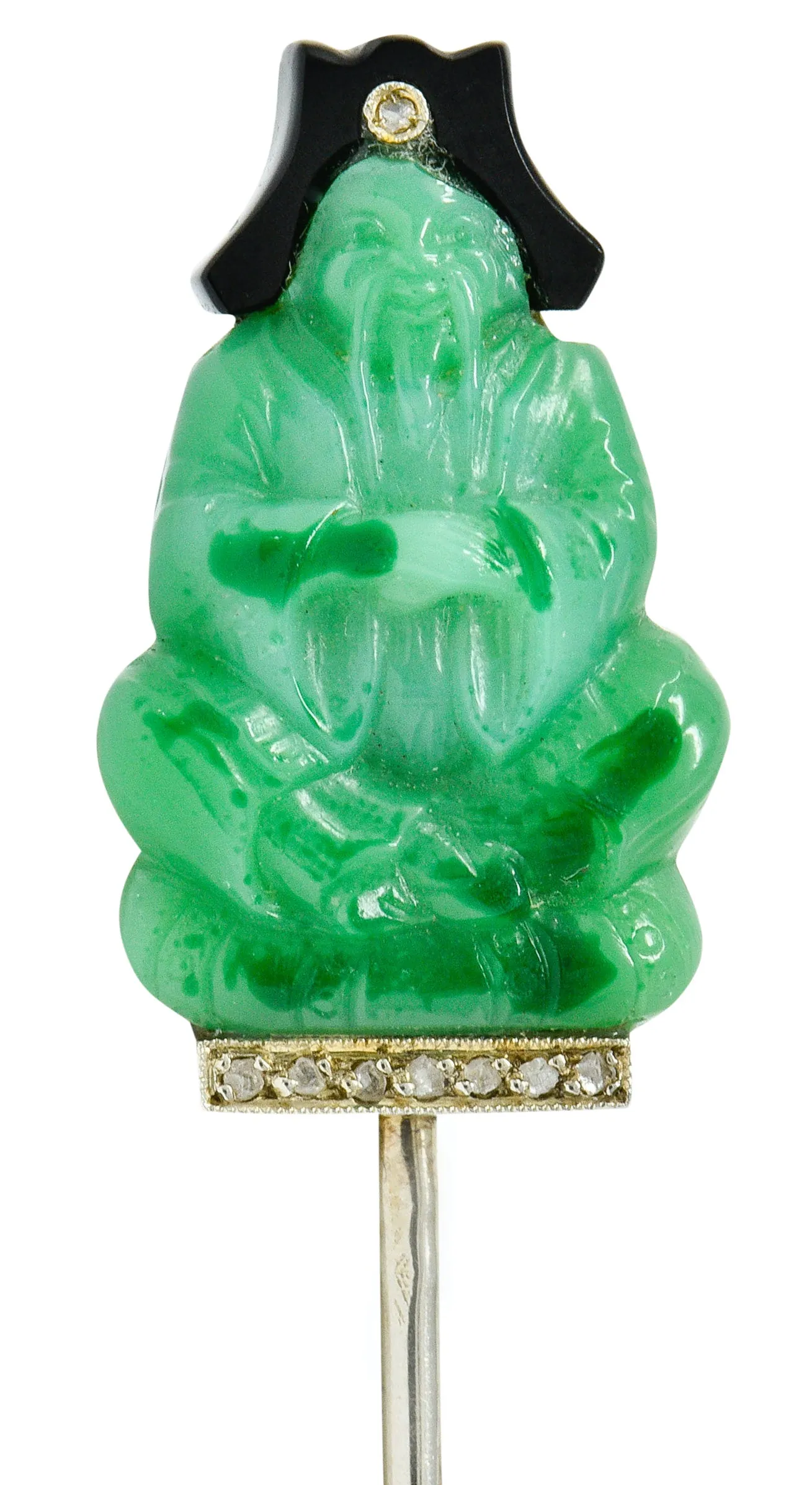French Art Deco Jade Onyx Diamond 18 Karat White Gold Jabot Stickpin