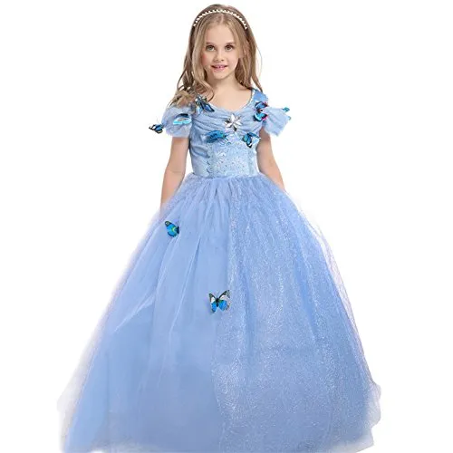 Girls Princess Dresses Costume Party Dress Up Blue Dress with Butterfly