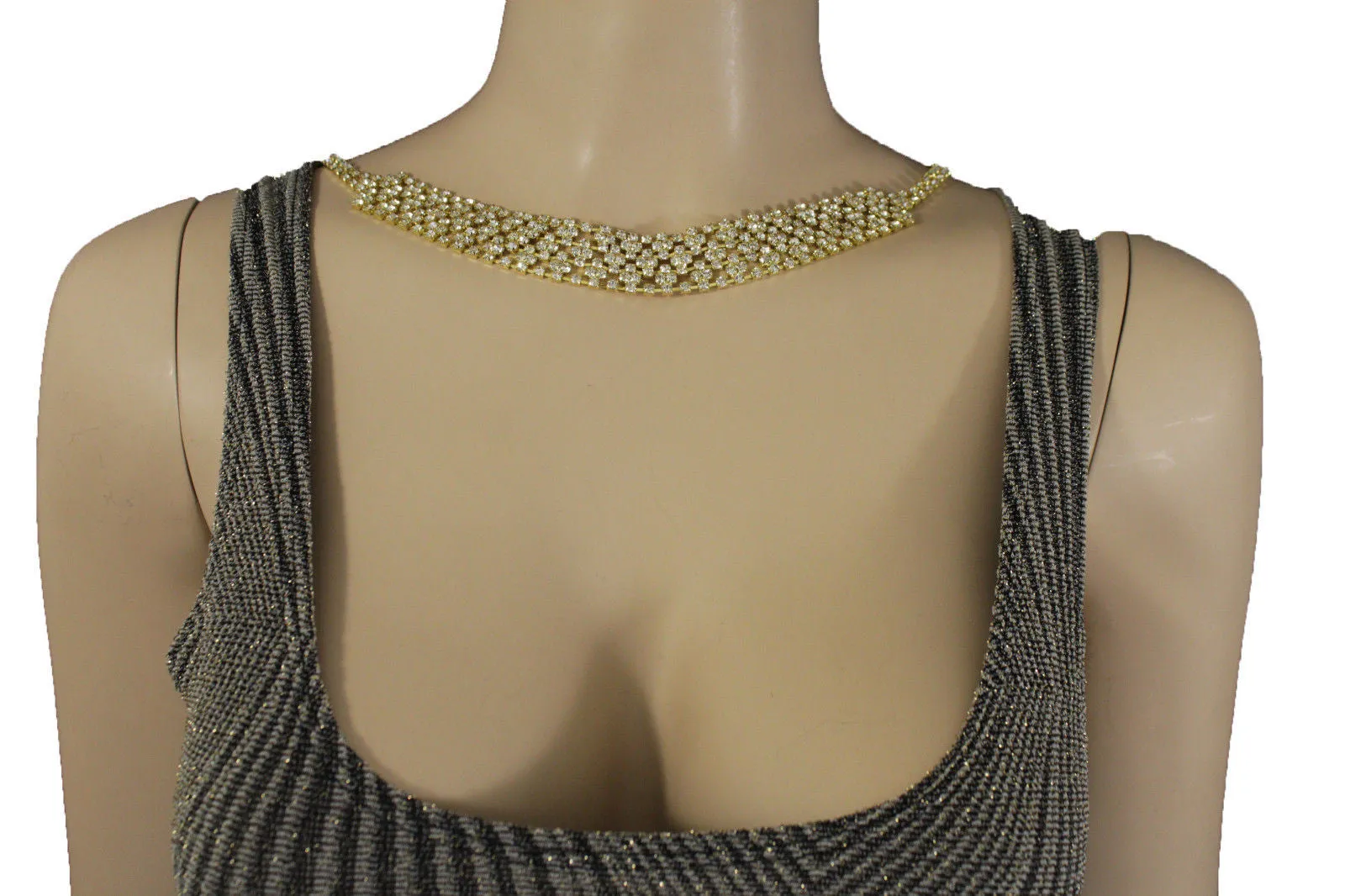 Gold Metal Hot Long Open Back Silver Rhinestones Drop Necklace Wedding