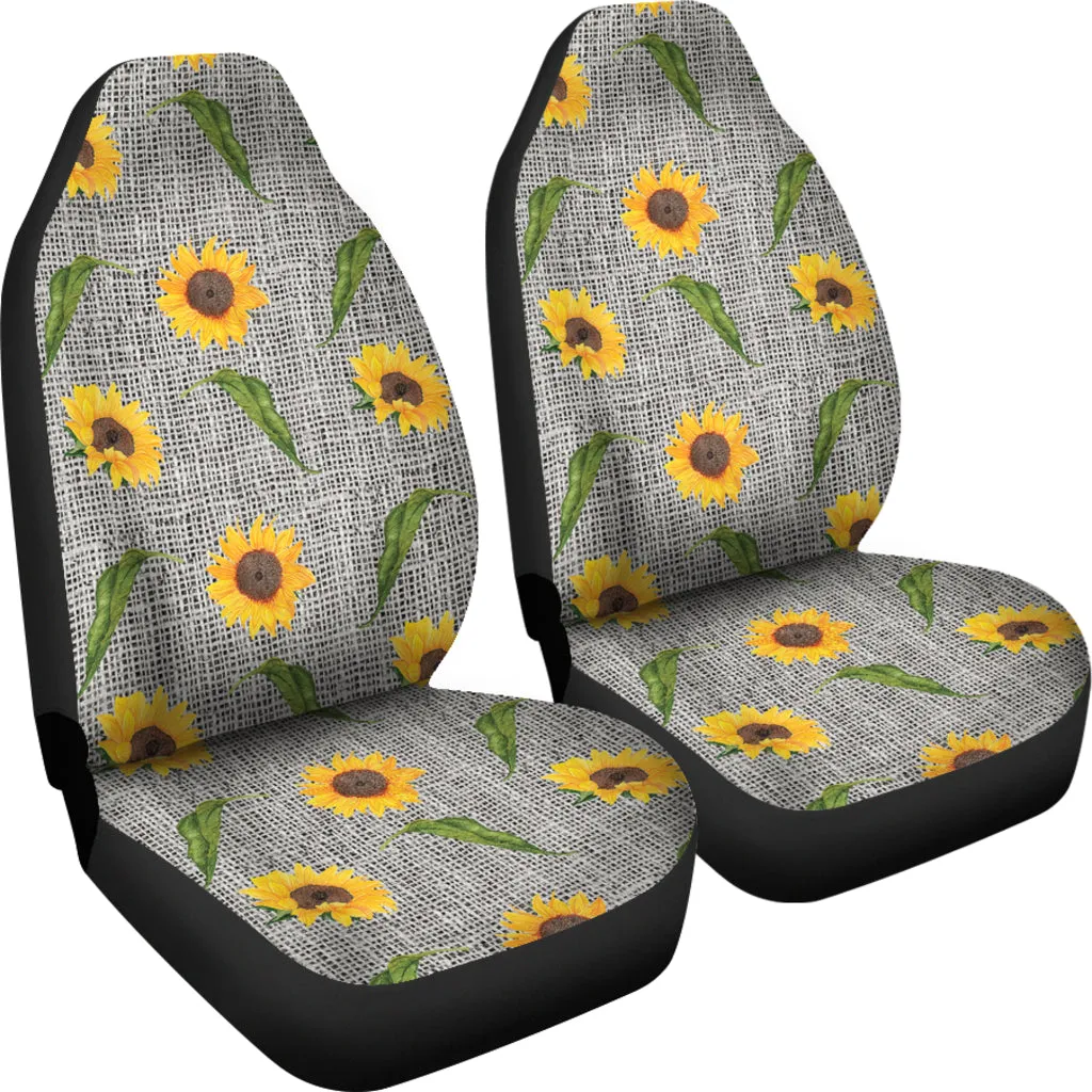 Gray Burlap Style Car Seat Covers With Sunflower Pattern