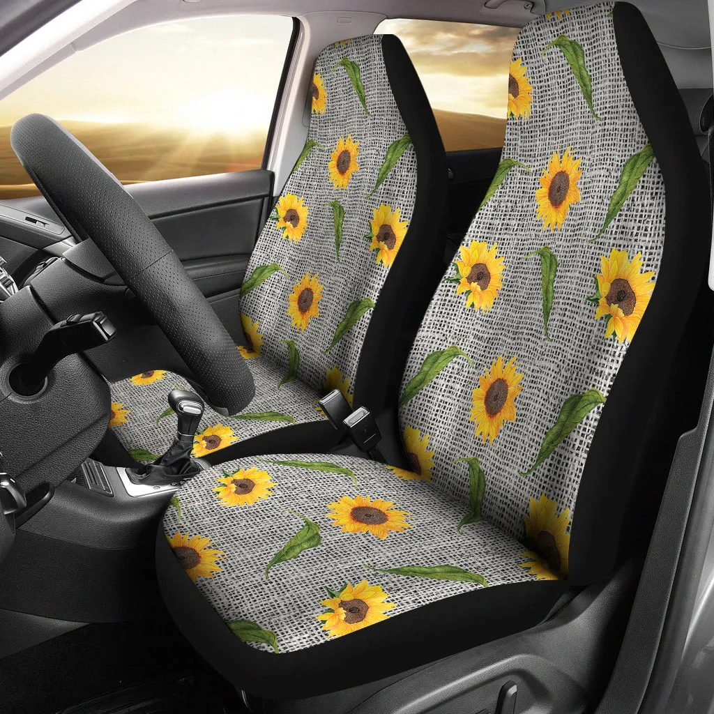 Gray Burlap Style Car Seat Covers With Sunflower Pattern