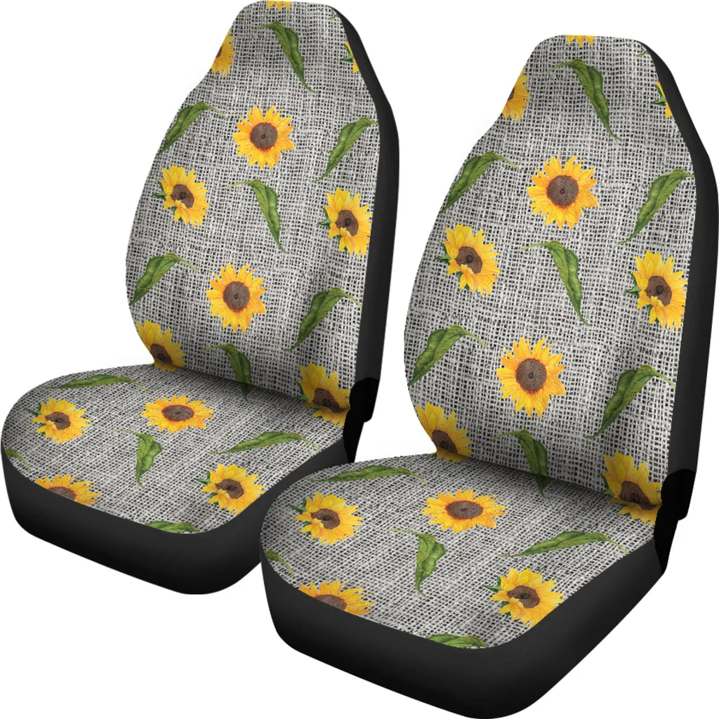 Gray Burlap Style Car Seat Covers With Sunflower Pattern