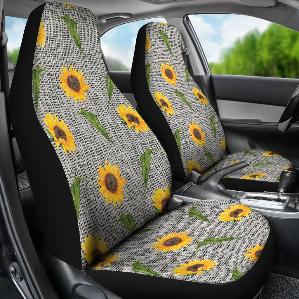 Gray Burlap Style Car Seat Covers With Sunflower Pattern
