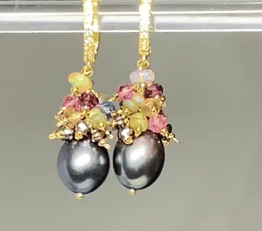 Gray Pearl Earrings with Gemstone Clusters in 14 kt Gold Fill