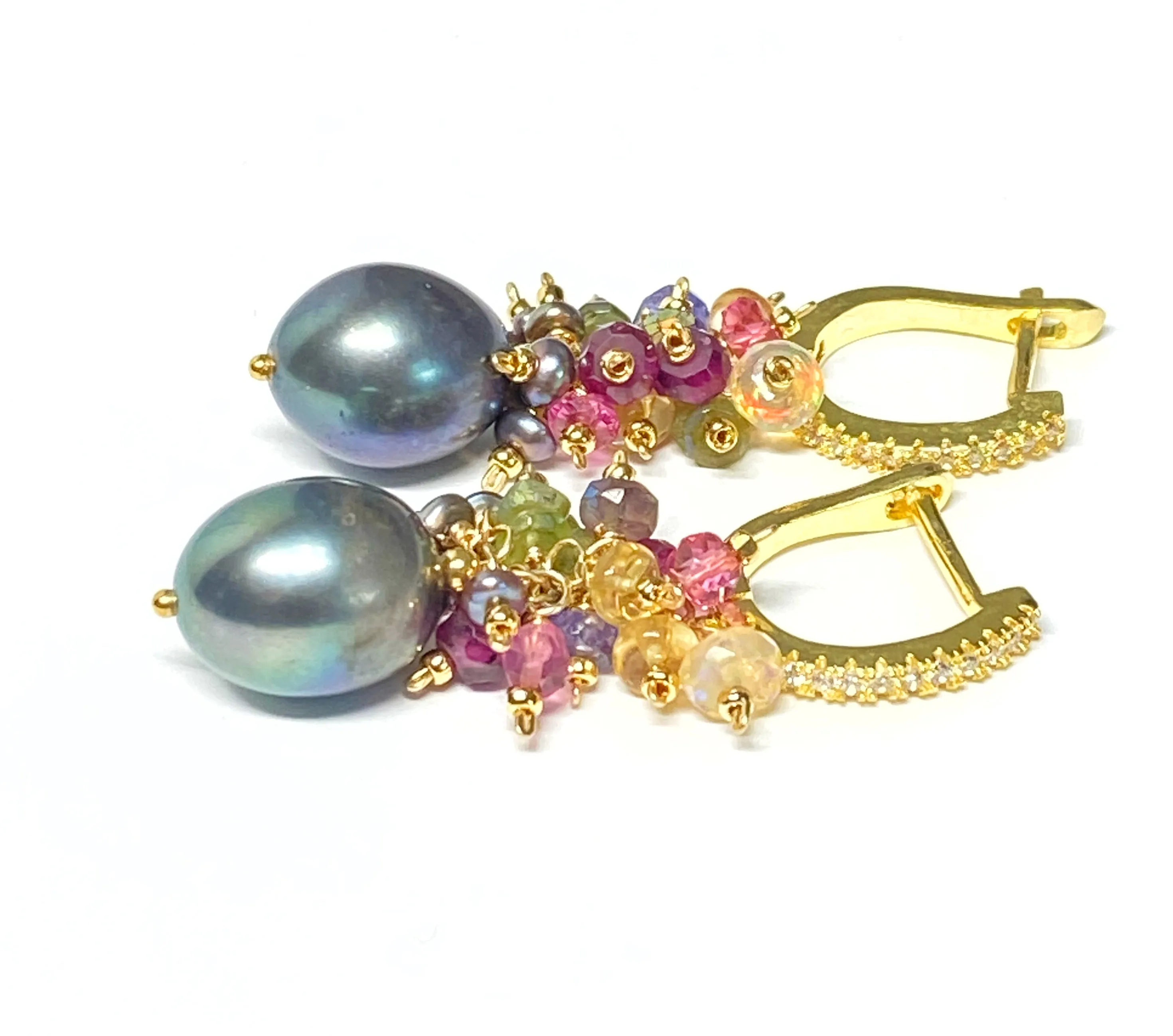Gray Pearl Earrings with Gemstone Clusters in 14 kt Gold Fill