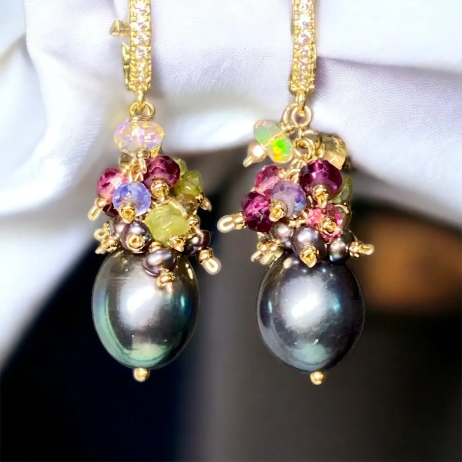 Gray Pearl Earrings with Gemstone Clusters in 14 kt Gold Fill