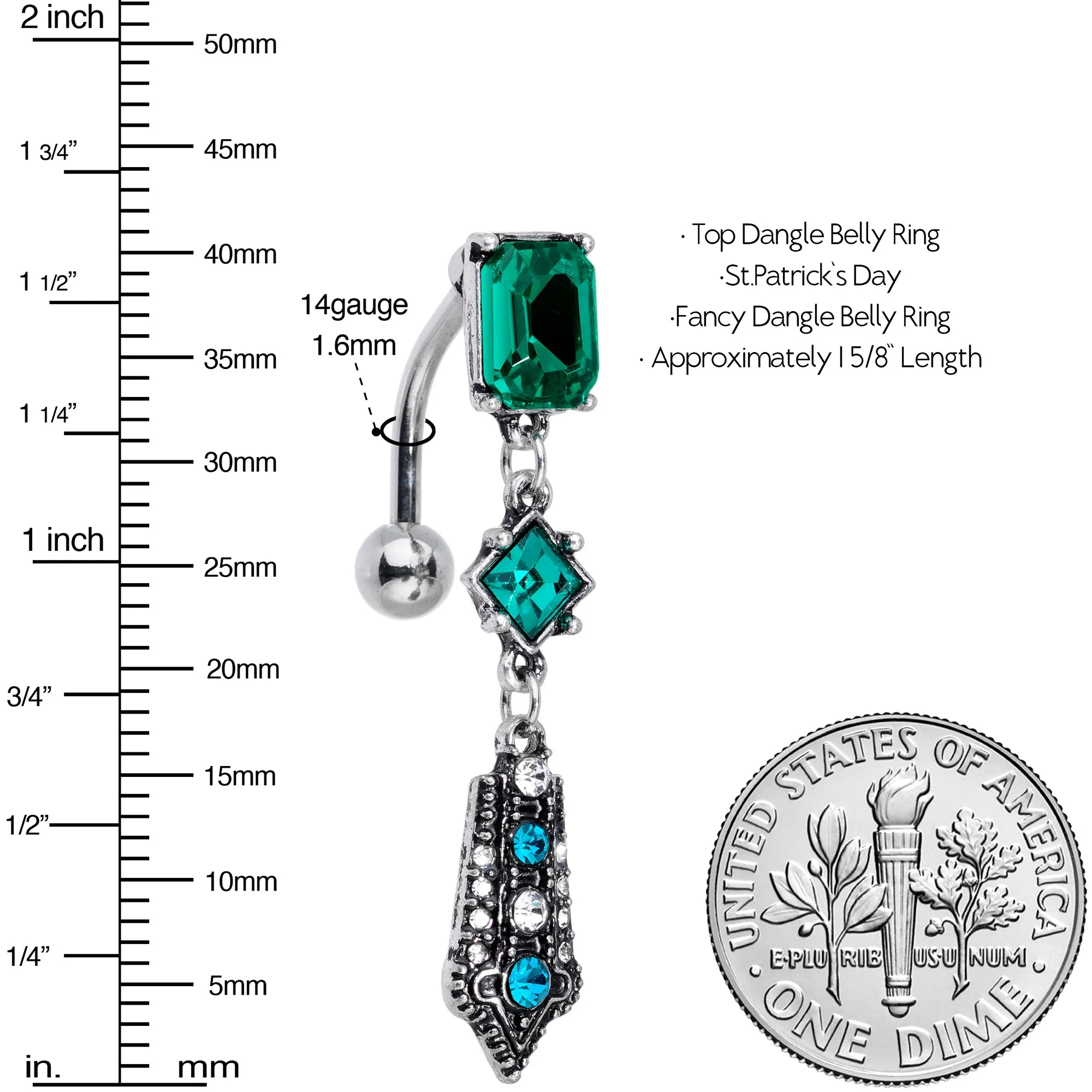 Green Clear Gem Art Deco Geometric Top Mount Dangle Belly Ring
