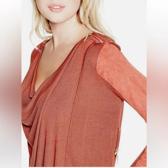 GUESS Anisa Faux suede sleeve Drape Sweater Pullover Coverup cardigan