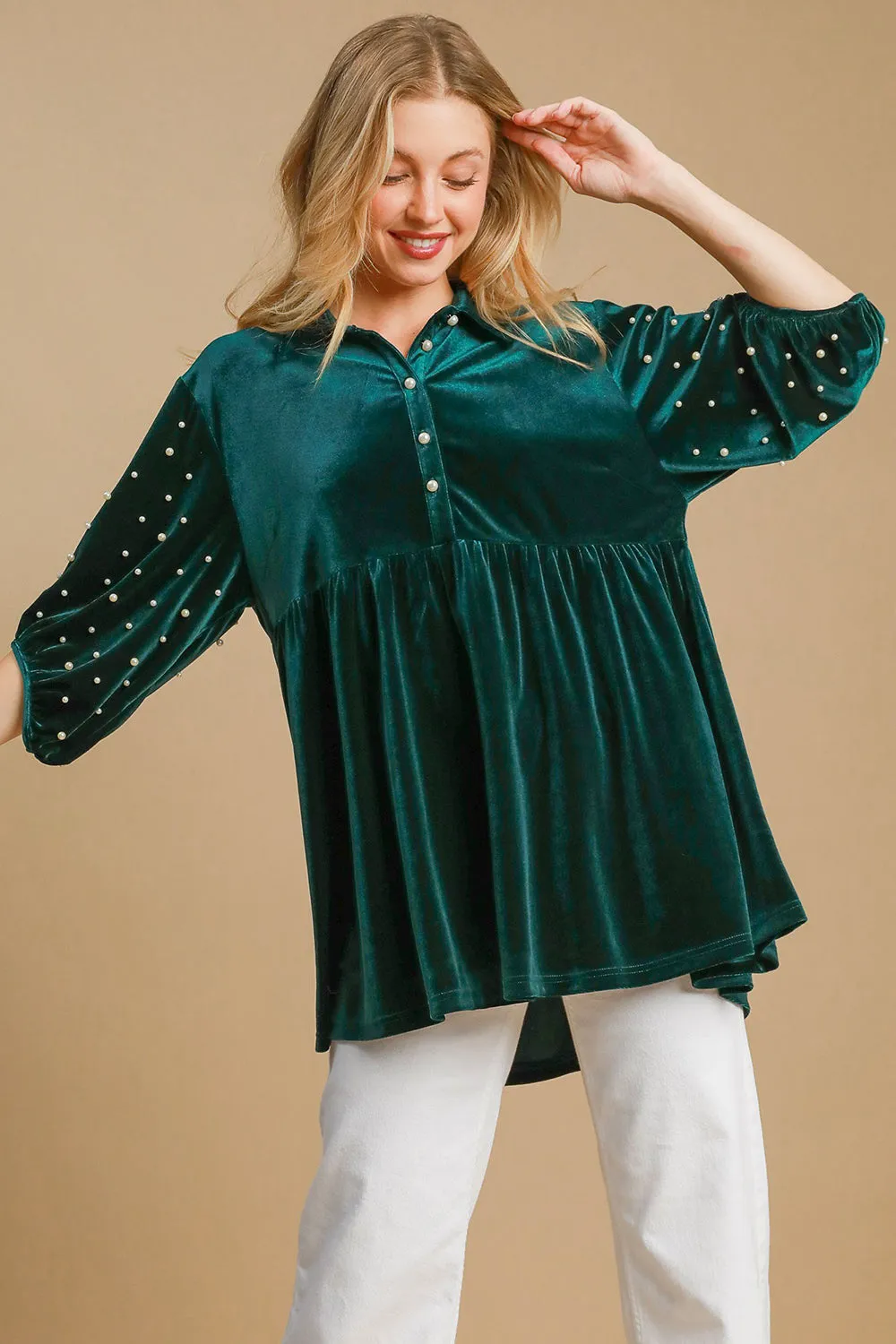 Hazel Blues® |  Umgee Pearl Detail Half Sleeve Velvet Babydoll Blouse