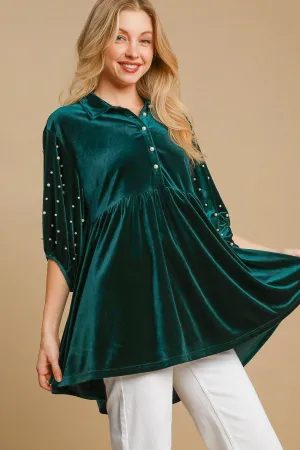 Hazel Blues® |  Umgee Pearl Detail Half Sleeve Velvet Babydoll Blouse