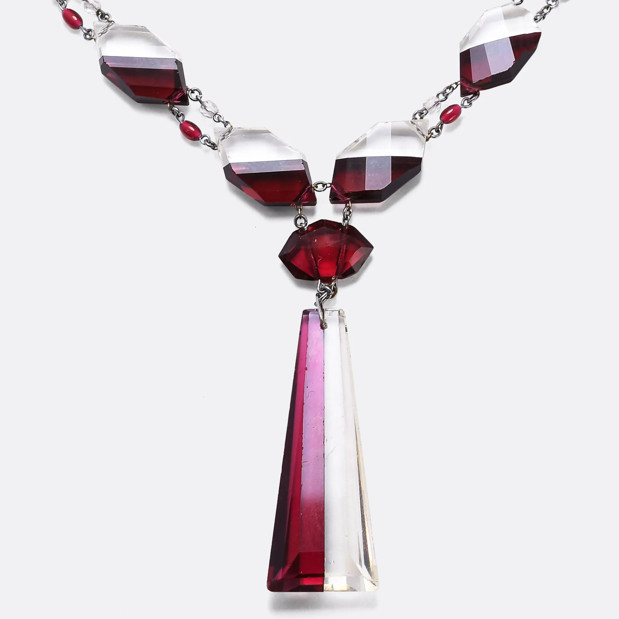 High Art Deco Red & White Glass Drop Necklace