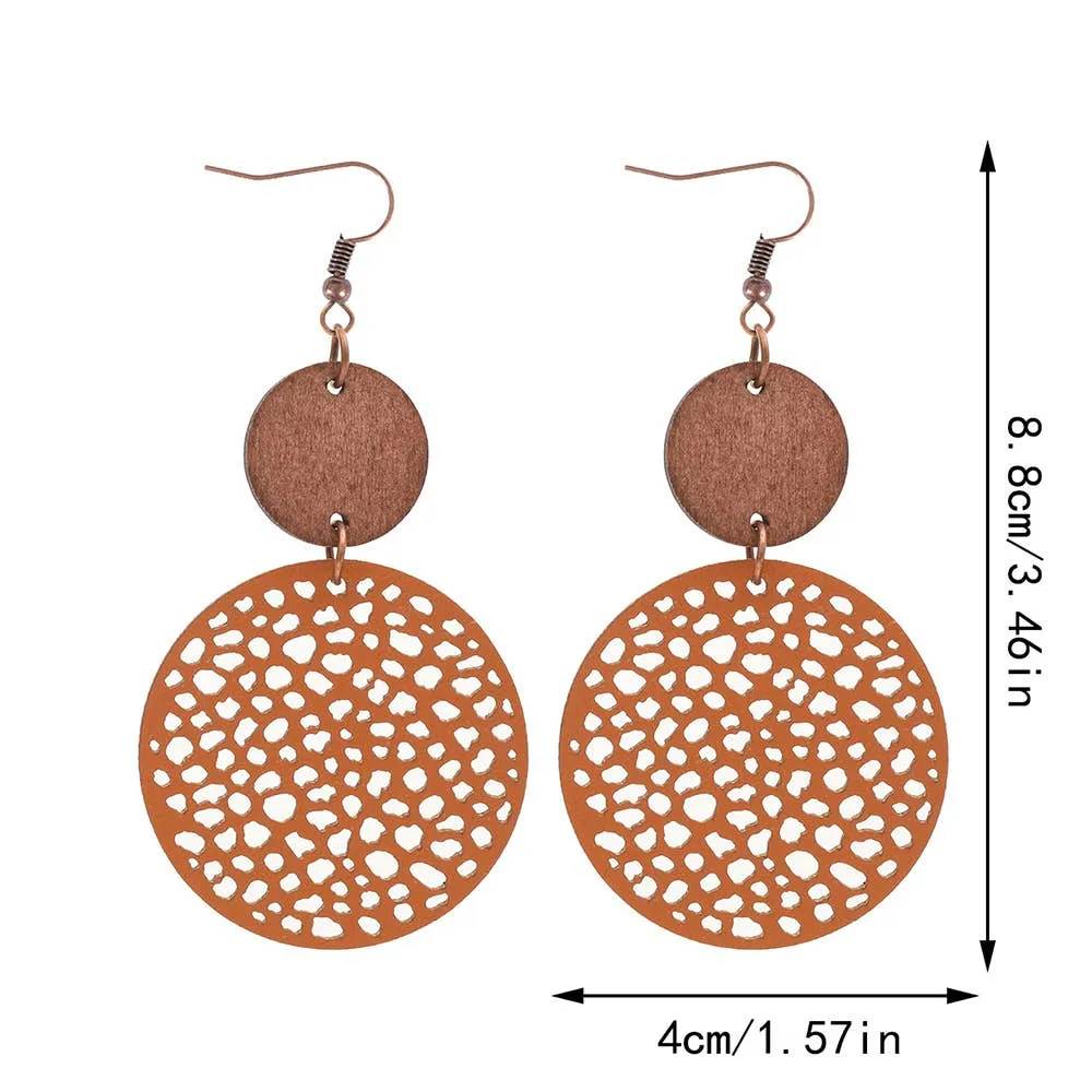 Hollow Wood Chip Combination Leather Earrings