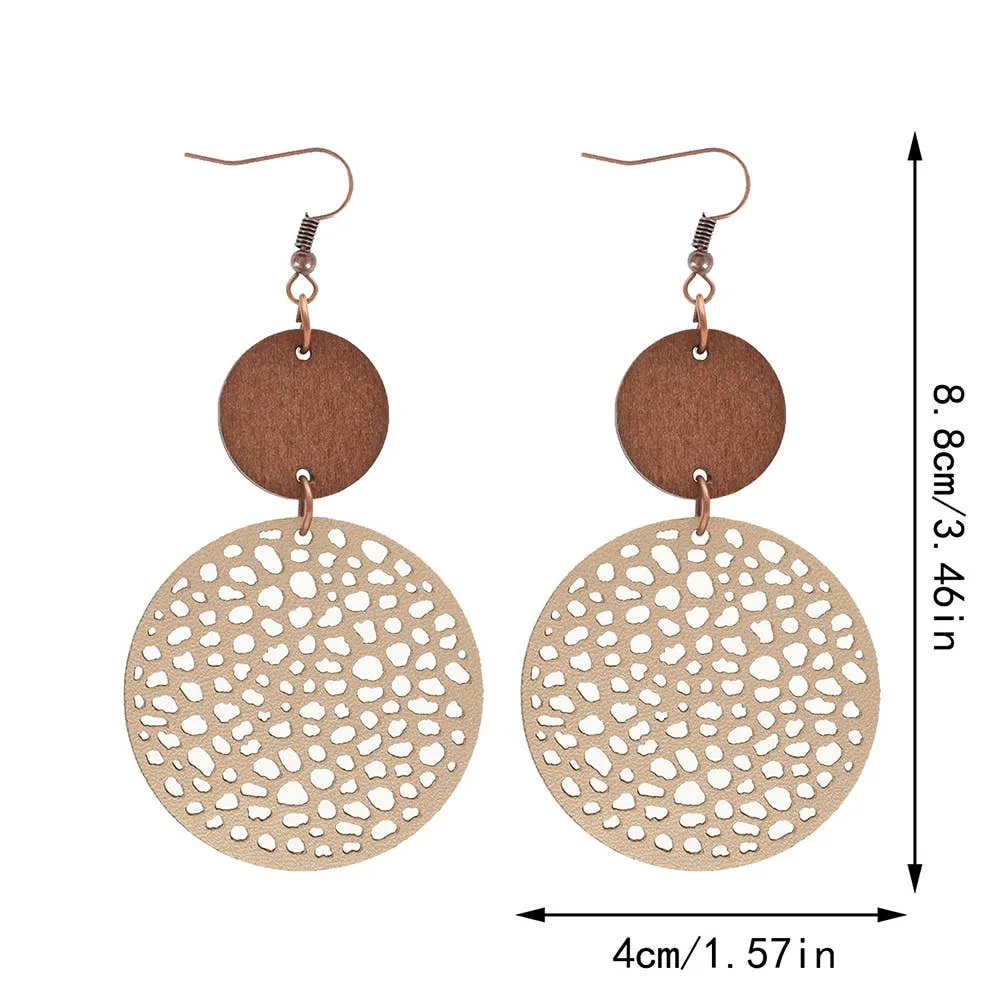 Hollow Wood Chip Combination Leather Earrings