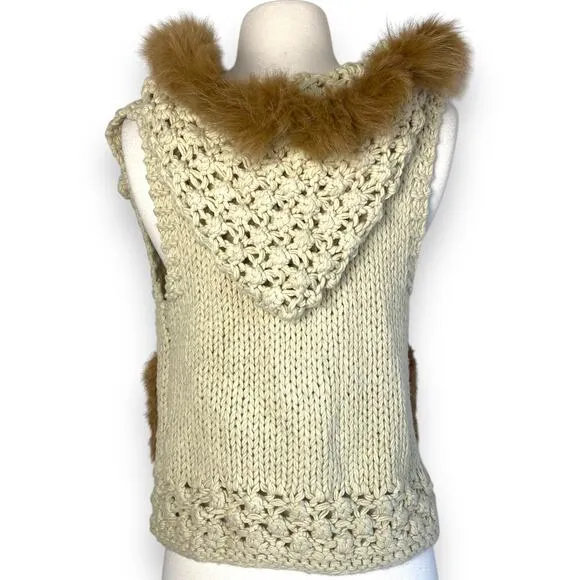 Hooded Boho Macrame Crochet Chunky Sweater Vest w Removable Faux Fur Collar Trim