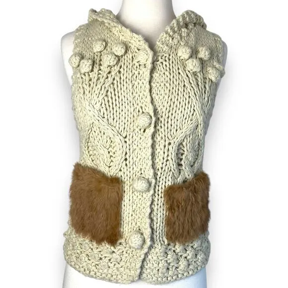 Hooded Boho Macrame Crochet Chunky Sweater Vest w Removable Faux Fur Collar Trim