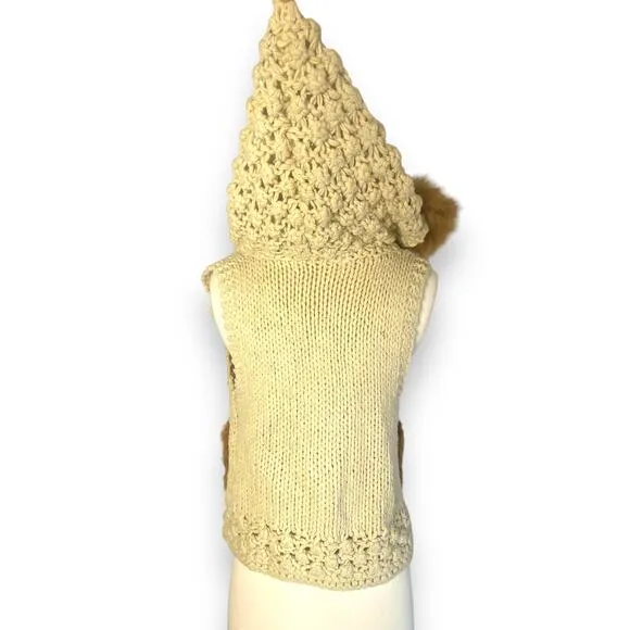 Hooded Boho Macrame Crochet Chunky Sweater Vest w Removable Faux Fur Collar Trim
