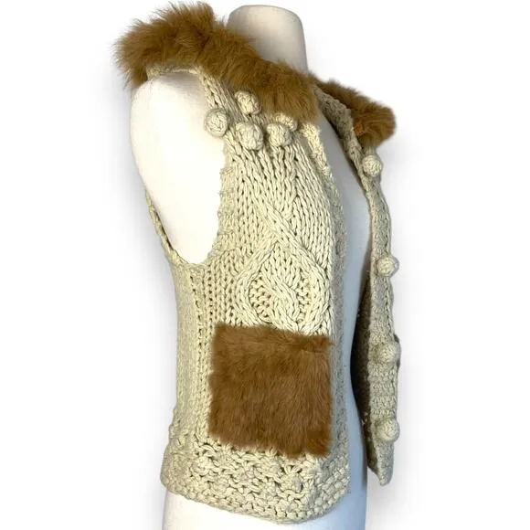 Hooded Boho Macrame Crochet Chunky Sweater Vest w Removable Faux Fur Collar Trim