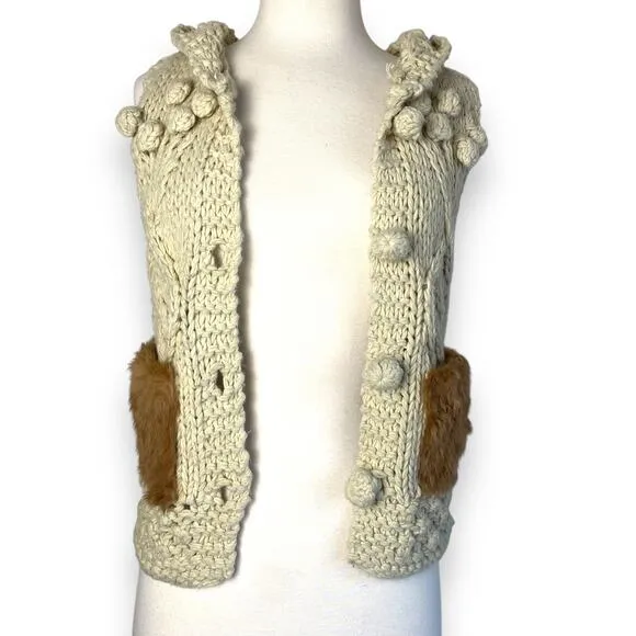 Hooded Boho Macrame Crochet Chunky Sweater Vest w Removable Faux Fur Collar Trim