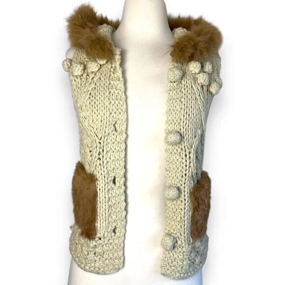 Hooded Boho Macrame Crochet Chunky Sweater Vest w Removable Faux Fur Collar Trim