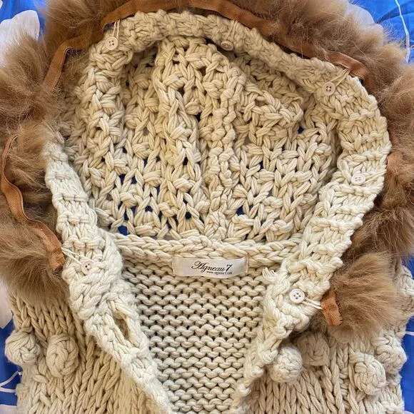 Hooded Boho Macrame Crochet Chunky Sweater Vest w Removable Faux Fur Collar Trim