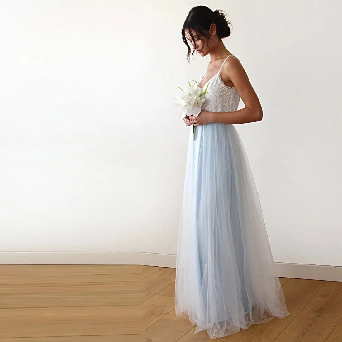 Ivory & light blue tulle dress #1185