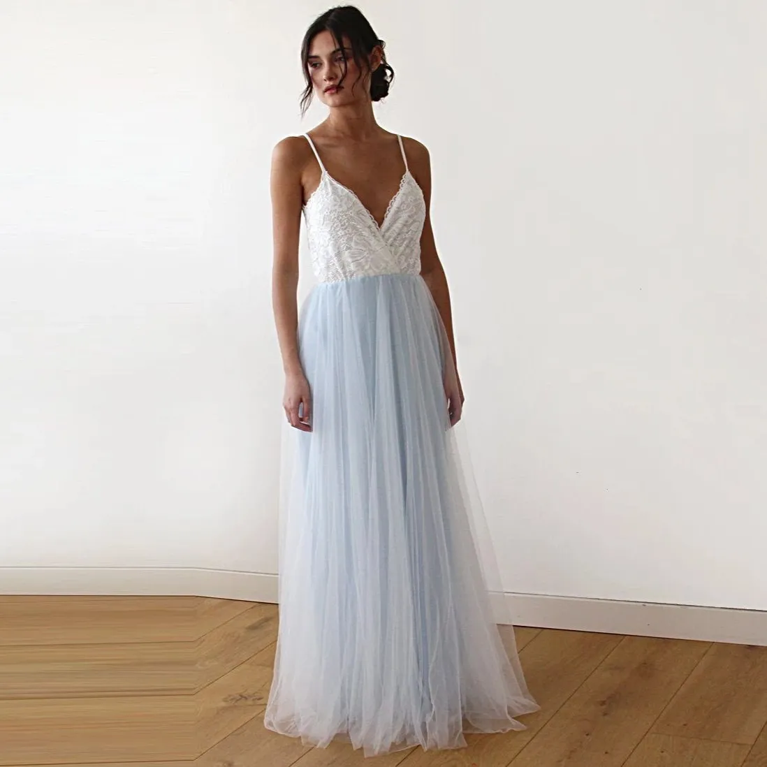 Ivory & light blue tulle dress #1185