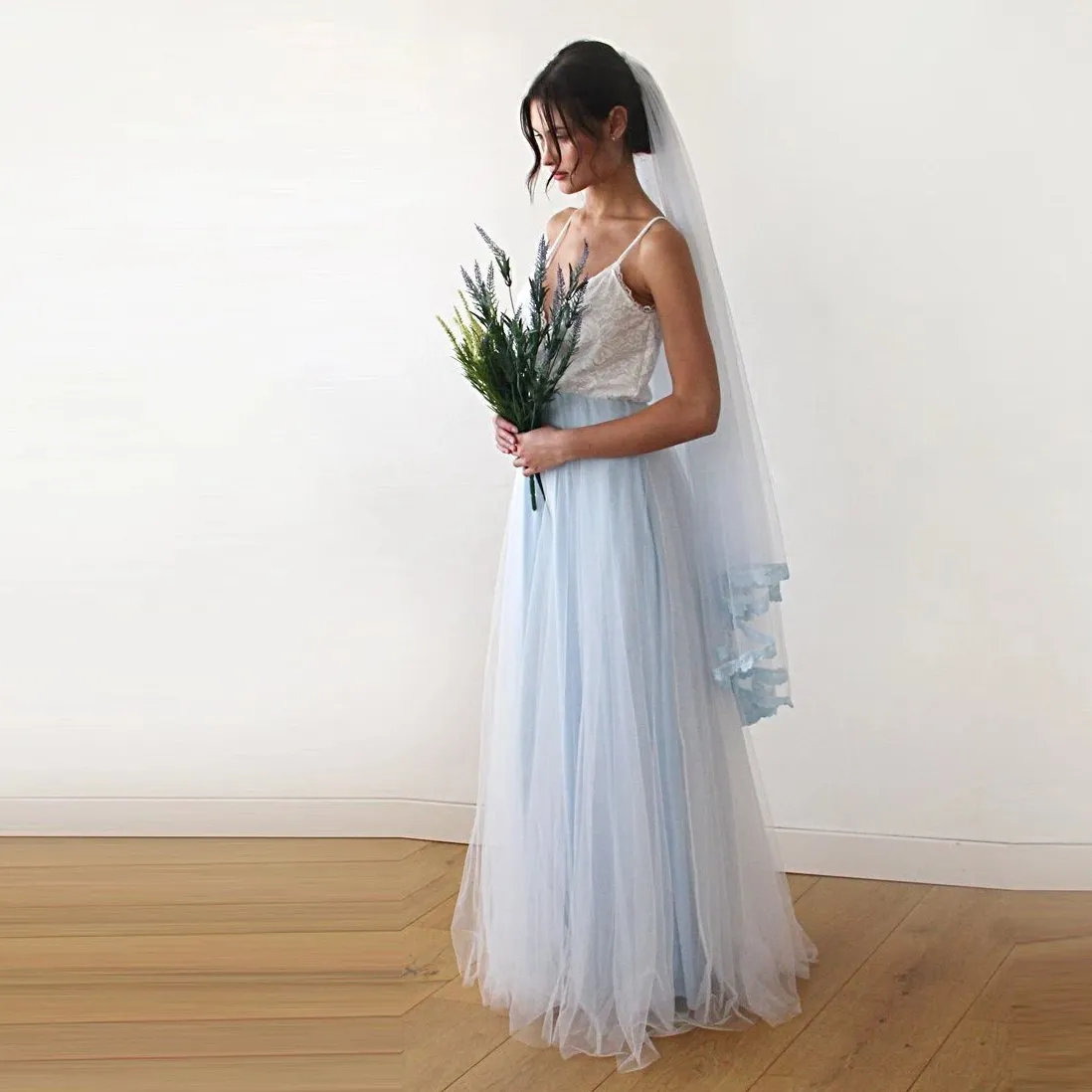 Ivory & light blue tulle dress #1185