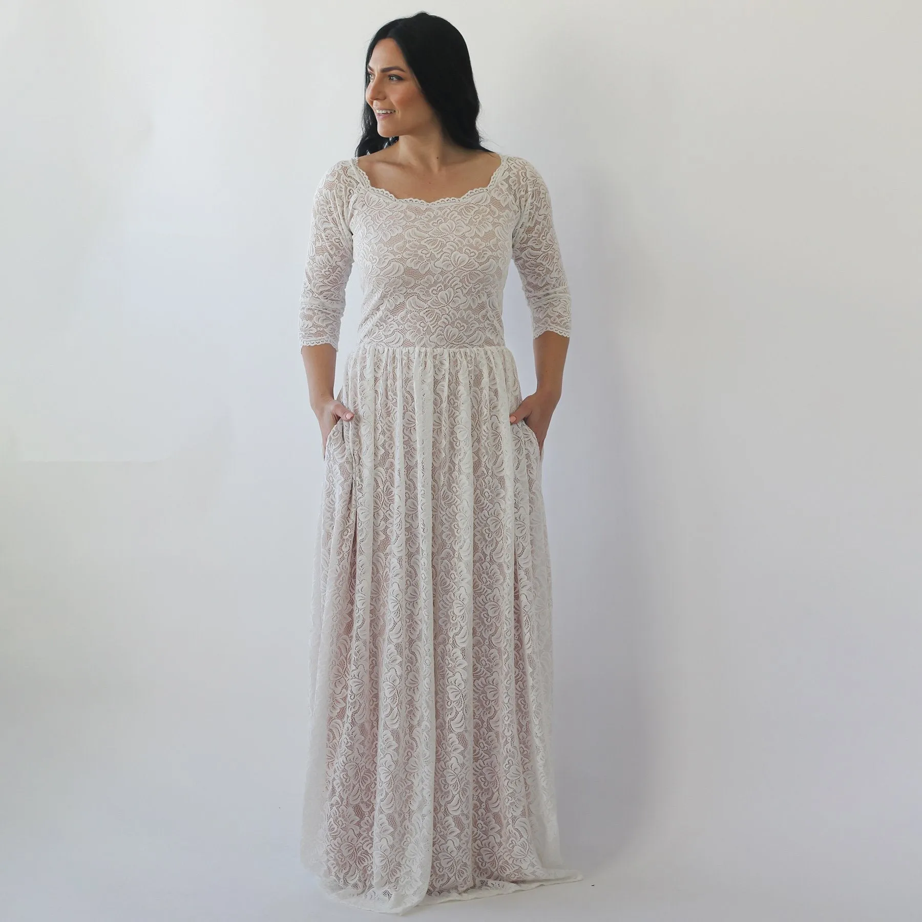 Ivory Blush Off Shoulder Wedding  Dress with pockets #1264