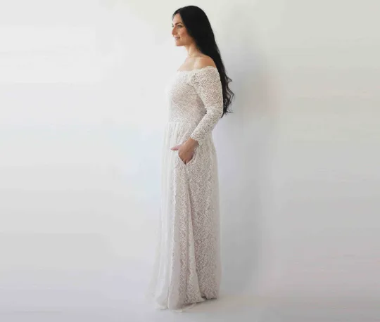 Ivory Blush Off Shoulder Wedding  Dress with pockets #1264