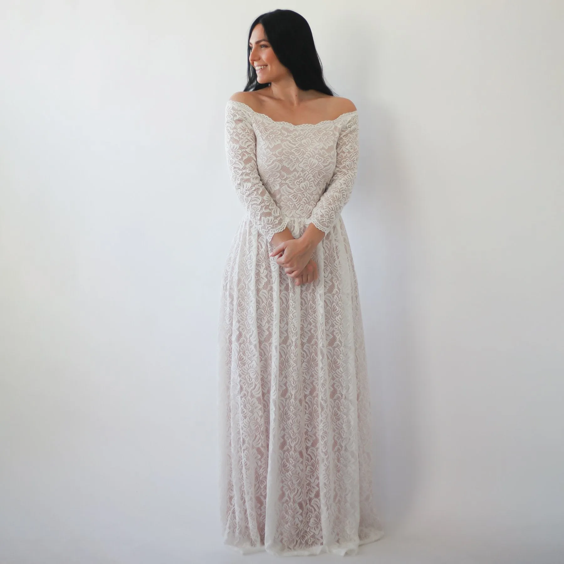 Ivory Blush Off Shoulder Wedding  Dress with pockets #1264