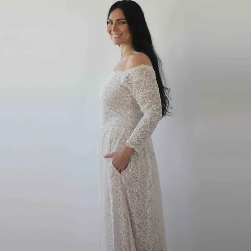 Ivory Blush Off Shoulder Wedding  Dress with pockets #1264