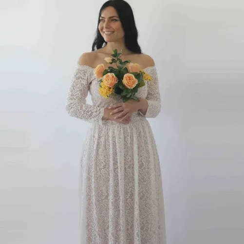 Ivory Blush Off Shoulder Wedding  Dress with pockets #1264