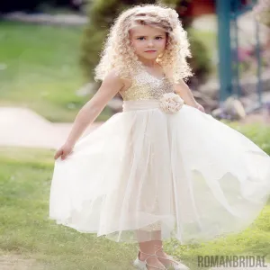 Ivory gold flower girl dress, Rustic sequin Flower girl dress, Country flower girl dresses, FG0115