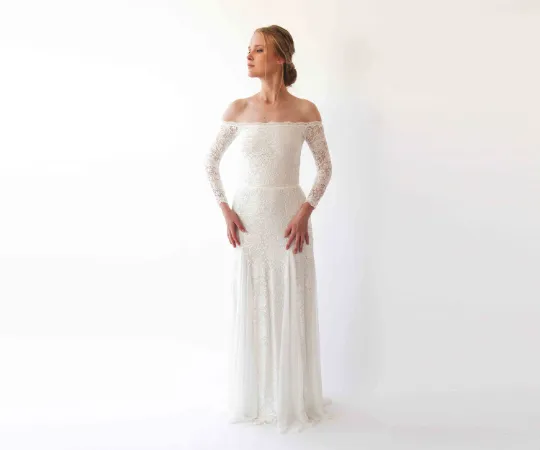 Ivory Off Shoulder Wedding Maxi Dress #1228